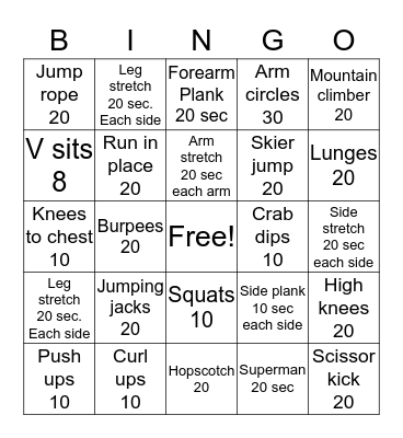Fitness Bingo choose 2 lines across Bingo Card