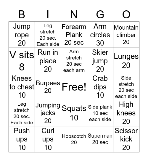 Fitness Bingo choose 2 lines across Bingo Card