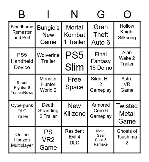 Playstation Showcase 2023 Bingo Card