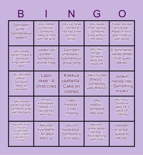 Suvi and Dale's Wedding (Hää-) Bingo Card