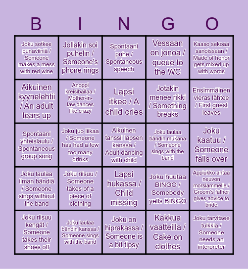 Suvi and Dale's Wedding (Hää-) Bingo Card