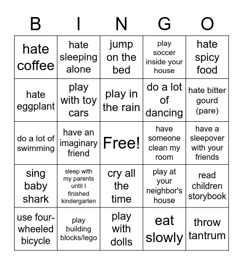 Used to/didn't use to Bingo Card