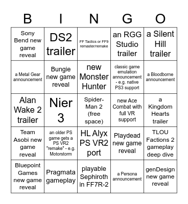 PlayStation Showcase May 2023 Bingo Card