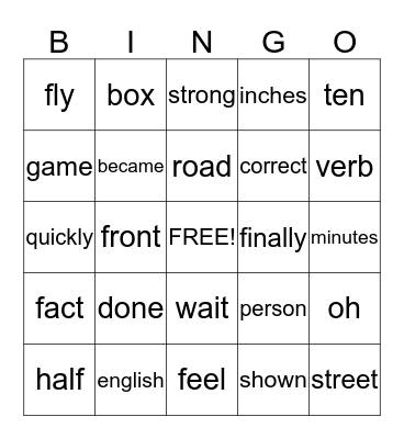 Fry List words Bingo Card
