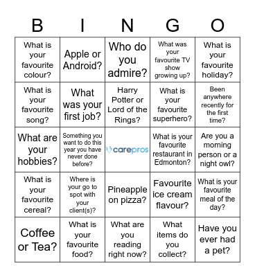 CarePros BINGO: Find a different person to sign their name in each box. Bingo Card