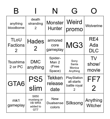 Playstation Showcase Bingo Card