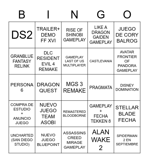 PLAYSTATION SHOWCASE Bingo Card