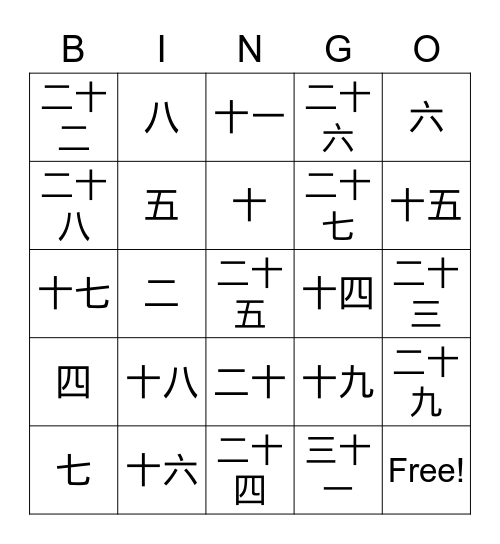 のほんご　の　すうじ・びんご Bingo Card