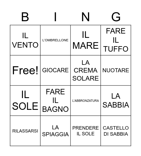 Al mare Bingo Card