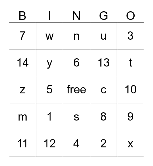 Spanish letters and numbers bingo Card
