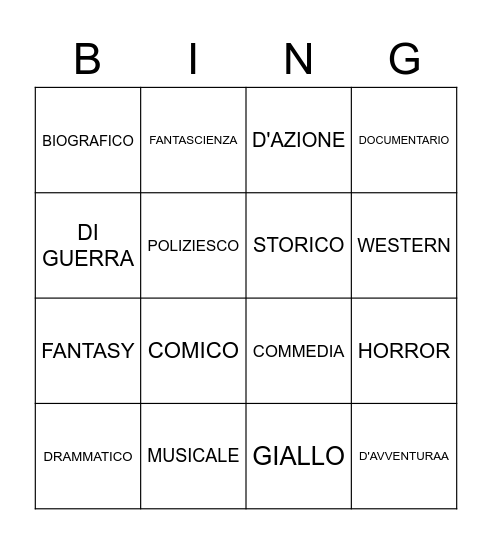 FILM - GENERI Bingo Card