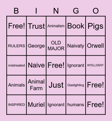 Animal Fram Bingo Card