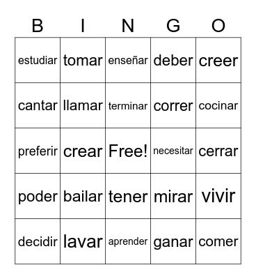 Common Verbs Bingo Card