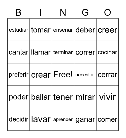 Common Verbs Bingo Card