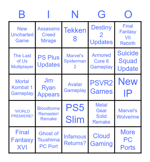 PlayStation Showcase Bingo Card