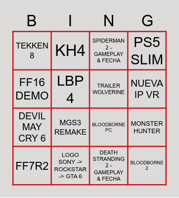 NO E3 - SONY Bingo Card