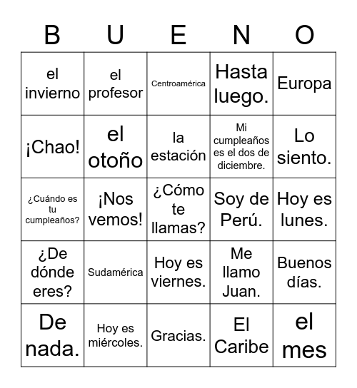 Spanish 1 UP Bingo Card