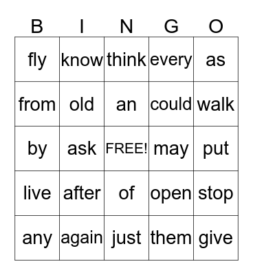 Dolch Word List 1 Bingo Card