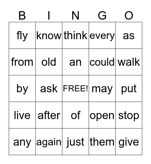 Dolch Word List 1 Bingo Card