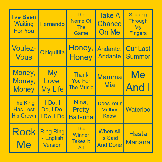 ABBA Music Bingo Card