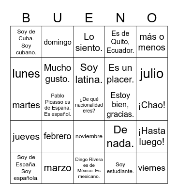 Spanish 2 UP Bingo Card