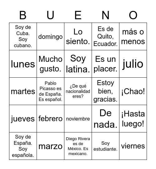 Spanish 2 UP Bingo Card