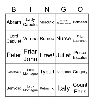 Romeo and Juliet Characters Bingo Card