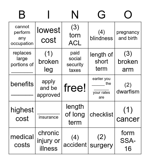 Disability Insurance! Bingo Card
