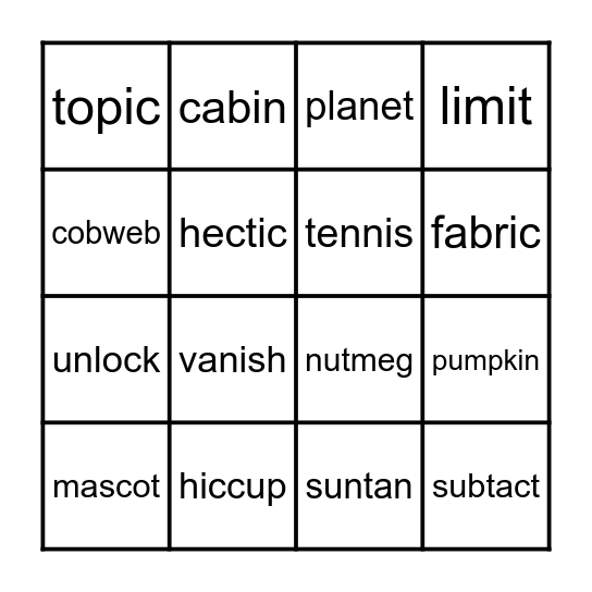 2-Syllable words Bingo Card