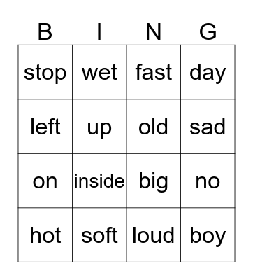 Antonym Bingo Card