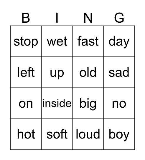 Antonym Bingo Card