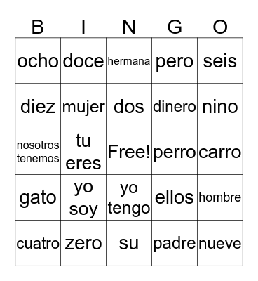 Spanish Review Bingo Card