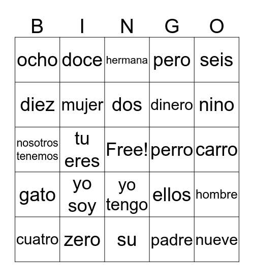 Spanish Review Bingo Card