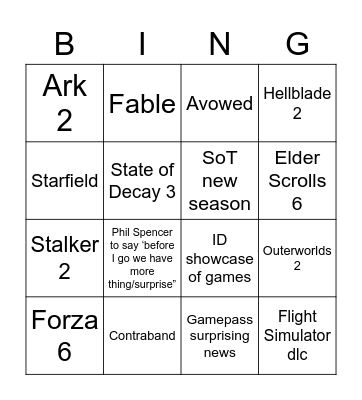 Xbox Showcase 2023 Bingo Card