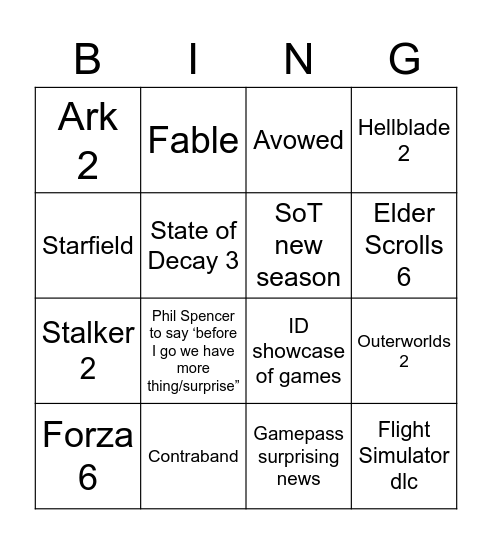 Xbox Showcase 2023 Bingo Card
