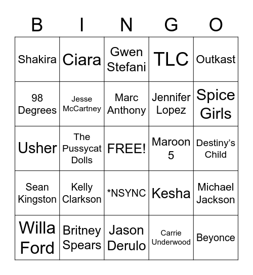 MUSIC BINGO- 2000s POP Bingo Card