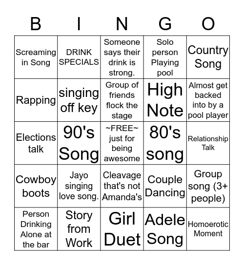 Click's Karaoke Bingo Card