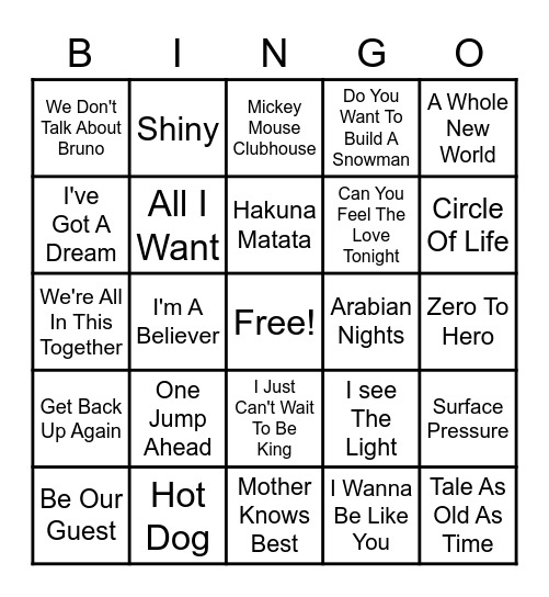 Disney Music Bingo Card