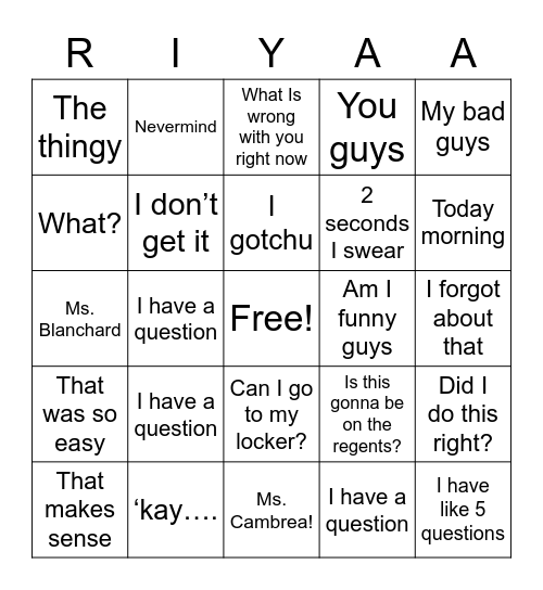 Riyaa Bingo Card
