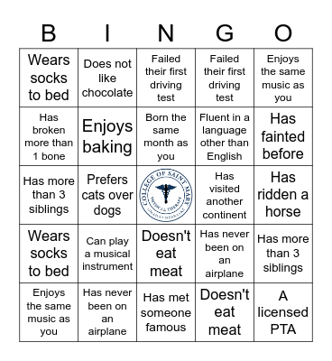 DPT Get to Know You Bingo Card