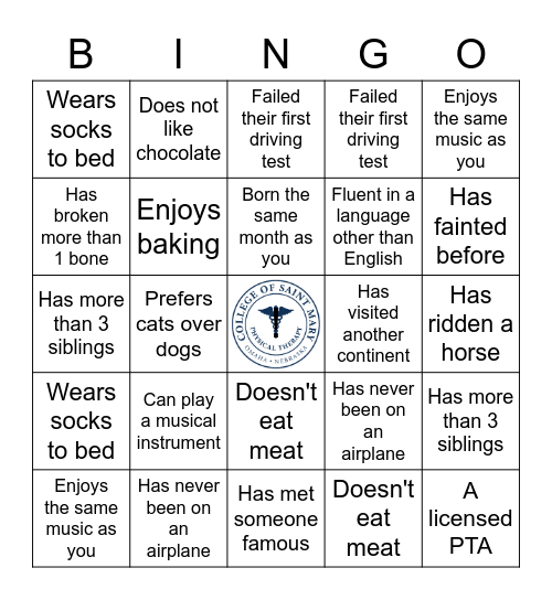 DPT Get to Know You Bingo Card