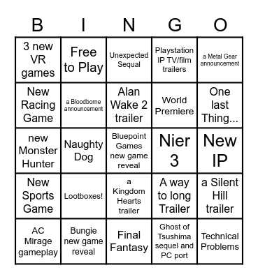 Playstation Showcase 2023 Bingo Card