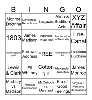 Early Republic Bingo Card