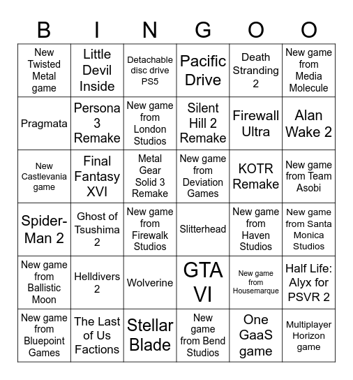 Playstation Showcase Bingo Card