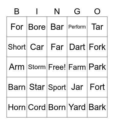 /or/ and /ar/ words Bingo Card