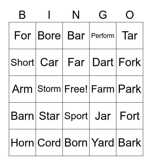 /or/ and /ar/ words Bingo Card