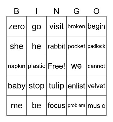 Open and Closed Syllable Bingo Card