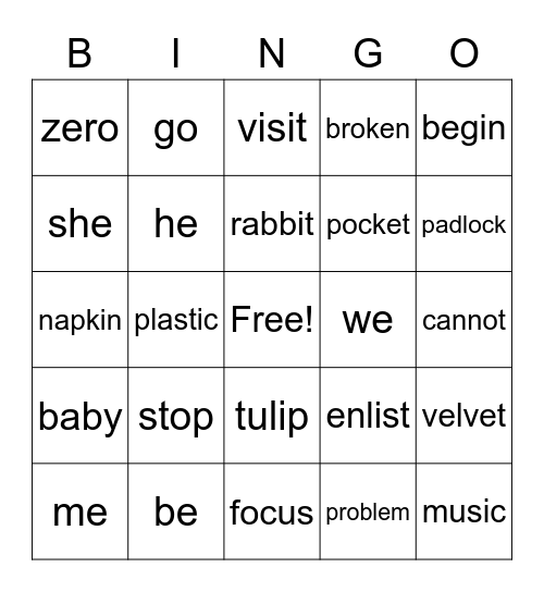 Open and Closed Syllable Bingo Card