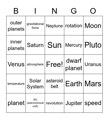 IG 16: Solar System Objects Bingo Card