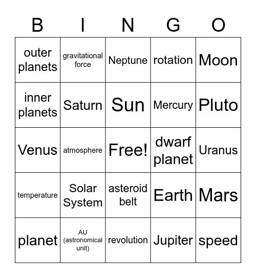 IG 16: Solar System Objects Bingo Card